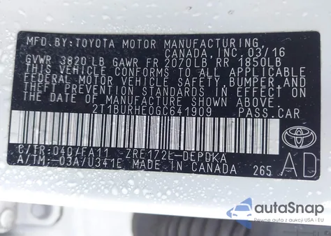 2016 Toyota Corolla L из США, поврежденный, VIN 2T1BURHE0GC641909